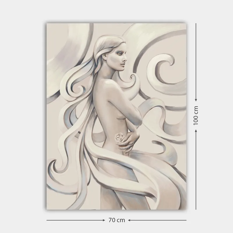Canvastavla 70x100 cm - Stiliserad kvinna med långt hår som håller en ros, omgiven av svepande linjer - Vit / Ljusgrå / Mörkgrå - Inredning & dekor - Tavlor & konst - Canvastavla