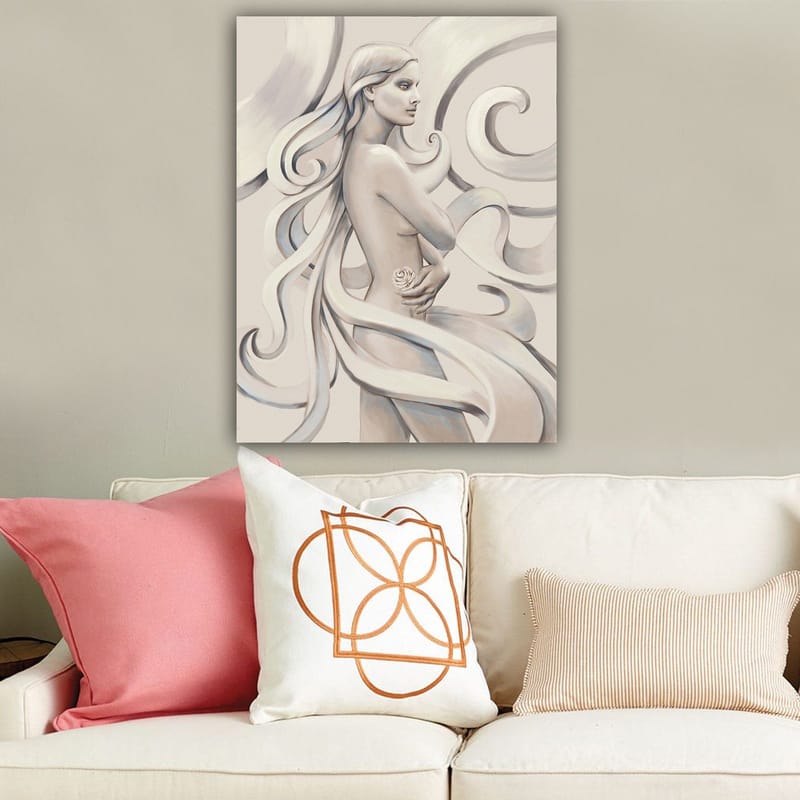 Canvastavla 70x100 cm - Stiliserad kvinna med långt hår som håller en ros, omgiven av svepande linjer - Vit / Ljusgrå / Mörkgrå - Inredning & dekor - Tavlor & konst - Canvastavla