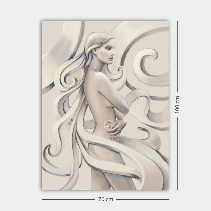 Canvastavla 70x100 cm - Stiliserad kvinna med långt hår som håller en ros, omgiven av svepande linjer - Vit / Ljusgrå / Mörkgrå - Inredning & dekor - Tavlor & konst - Canvastavla