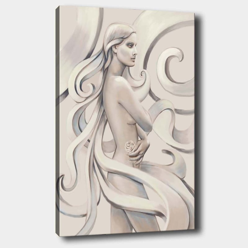 Canvastavla 70x100 cm - Stiliserad kvinna med långt hår som håller en ros, omgiven av svepande linjer, Vit / Ljusgrå / Mörkgrå