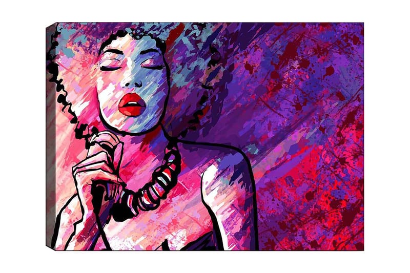 Canvastavla 70x100 cm - Stiliserad kvinna med lockigt hår som sjunger med stängda ögon - Lila / Rosa / Röd - Inredning & dekor - Tavlor & konst - Canvastavla
