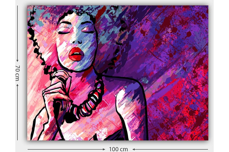 Canvastavla 70x100 cm - Stiliserad kvinna med lockigt hår som sjunger med stängda ögon - Lila / Rosa / Röd - Inredning & dekor - Tavlor & konst - Canvastavla