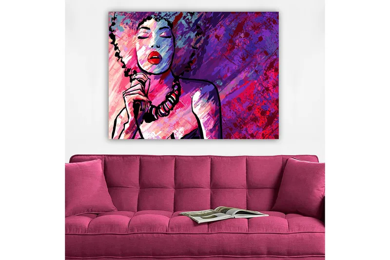 Canvastavla 70x100 cm - Stiliserad kvinna med lockigt hår som sjunger med stängda ögon - Lila / Rosa / Röd - Inredning & dekor - Tavlor & konst - Canvastavla