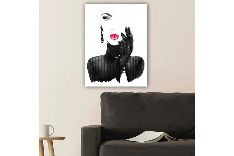 Canvastavla 70x100 cm - Stiliserad kvinna med röd läppstift och svarta handskar - Svart / Röd - Inredning & dekor - Tavlor & konst - Canvastavla