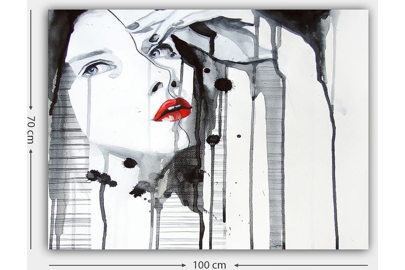 Canvastavla 70x100 cm - Stiliserad kvinna med röd läppstift som framhäver hennes ansikte i en dramatisk svart och vit komposition - Röd / Svart / Vit - Inredning & dekor - Tavlor & konst - Canvastavla
