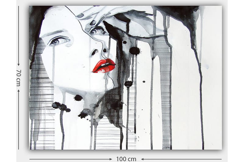Canvastavla 70x100 cm - Stiliserad kvinna med röd läppstift som framhäver hennes ansikte i en dramatisk svart och vit komposition - Röd / Svart / Vit - Inredning & dekor - Tavlor & konst - Canvastavla