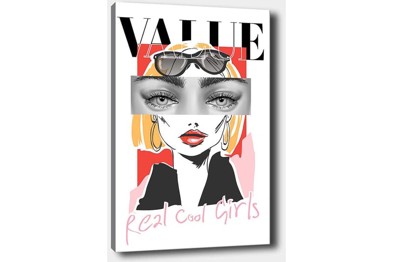 Canvastavla 70x100 cm - Stiliserad kvinna med solglasögon och en modern, färgglad bakgrund - Rosa / Svart / Gul - Inredning & dekor - Tavlor & konst - Canvastavla