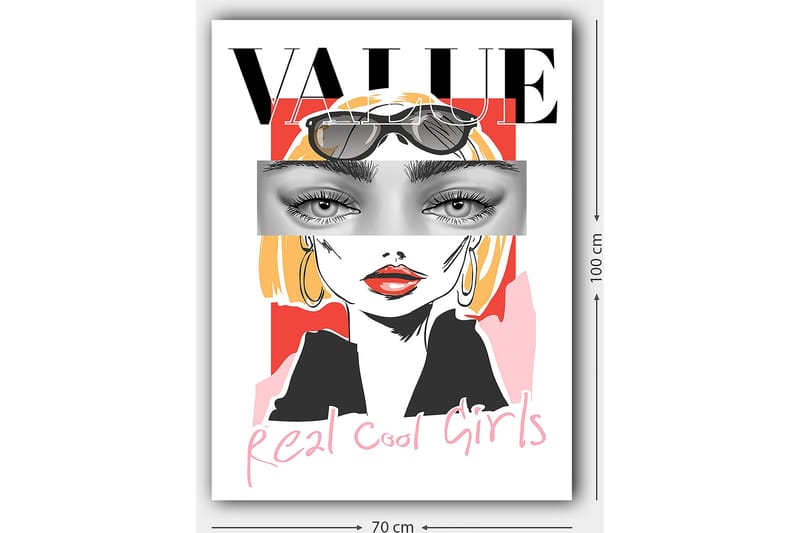 Canvastavla 70x100 cm - Stiliserad kvinna med solglasögon och en modern, färgglad bakgrund - Rosa / Svart / Gul - Inredning & dekor - Tavlor & konst - Canvastavla