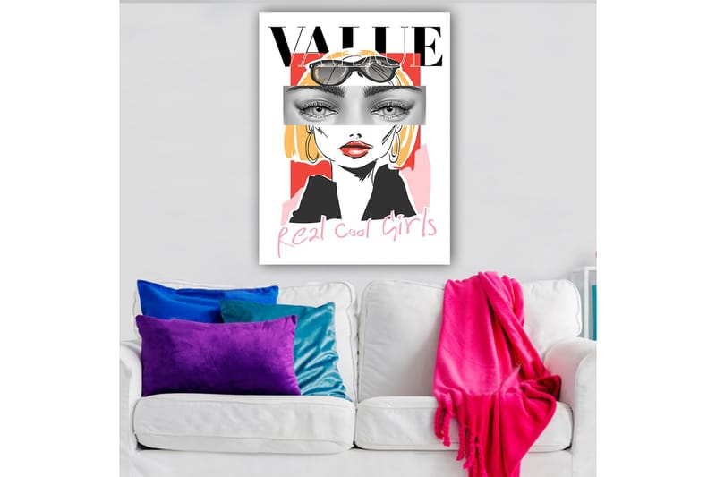 Canvastavla 70x100 cm - Stiliserad kvinna med solglasögon och en modern, färgglad bakgrund - Rosa / Svart / Gul - Inredning & dekor - Tavlor & konst - Canvastavla