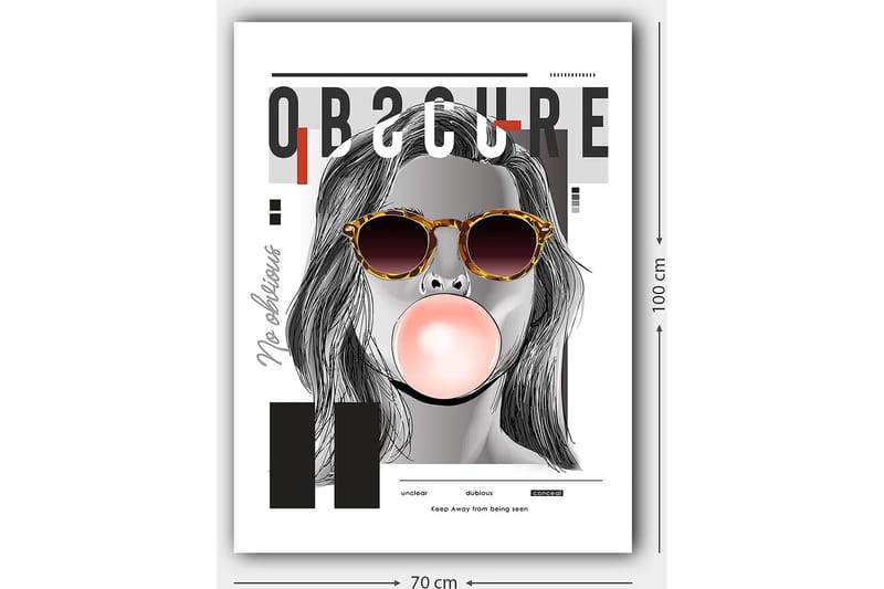 Canvastavla 70x100 cm - Stiliserad kvinna med solglasögon som blåser en tuggummiboll - Svart / Grå / Röd - Inredning & dekor - Tavlor & konst - Canvastavla