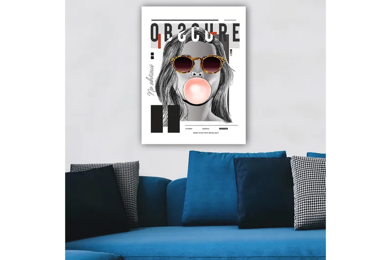 Canvastavla 70x100 cm - Stiliserad kvinna med solglasögon som blåser en tuggummiboll, Svart / Grå / Röd