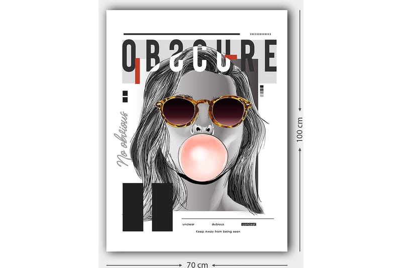 Canvastavla 70x100 cm - Stiliserad kvinna med solglasögon som blåser en tuggummiboll - Svart / Grå / Röd - Inredning & dekor - Tavlor & konst - Canvastavla