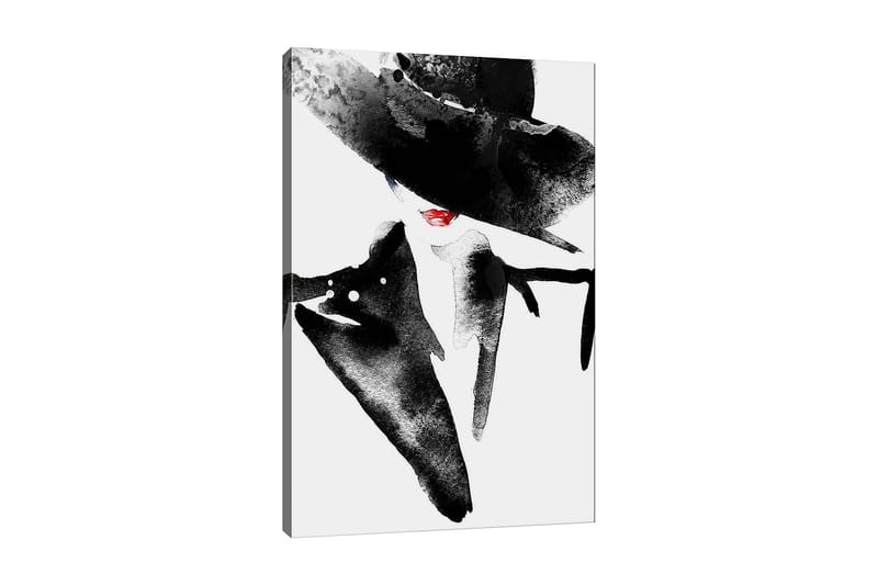 Canvastavla 70x100 cm - Stiliserad kvinna med stor hatt och röd läppstift som utstrålar elegans och mystik - Svart / Röd - Inredning & dekor - Tavlor & konst - Canvastavla