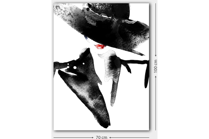 Canvastavla 70x100 cm - Stiliserad kvinna med stor hatt och röd läppstift som utstrålar elegans och mystik - Svart / Röd - Inredning & dekor - Tavlor & konst - Canvastavla