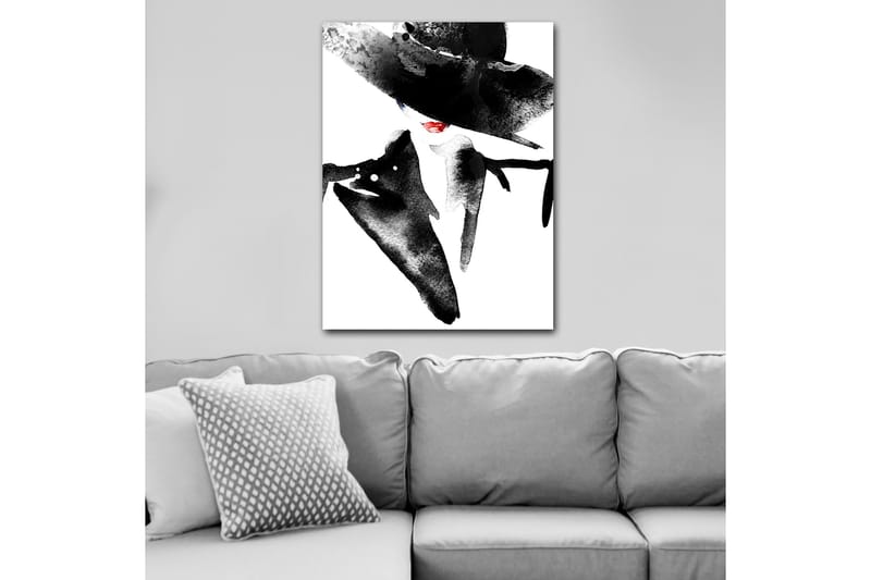Canvastavla 70x100 cm - Stiliserad kvinna med stor hatt och röd läppstift som utstrålar elegans och mystik - Svart / Röd - Inredning & dekor - Tavlor & konst - Canvastavla