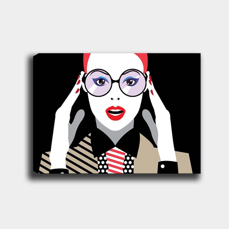 Canvastavla 70x100 cm - Stiliserad kvinna med stora glasögon som uttrycker förvåning eller chock - Röd / Svart / Vit - Inredning & dekor - Tavlor & konst - Canvastavla