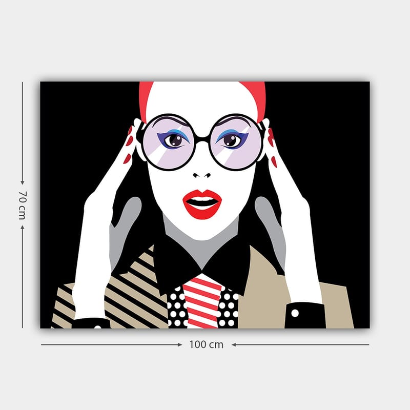 Canvastavla 70x100 cm - Stiliserad kvinna med stora glasögon som uttrycker förvåning eller chock - Röd / Svart / Vit - Inredning & dekor - Tavlor & konst - Canvastavla