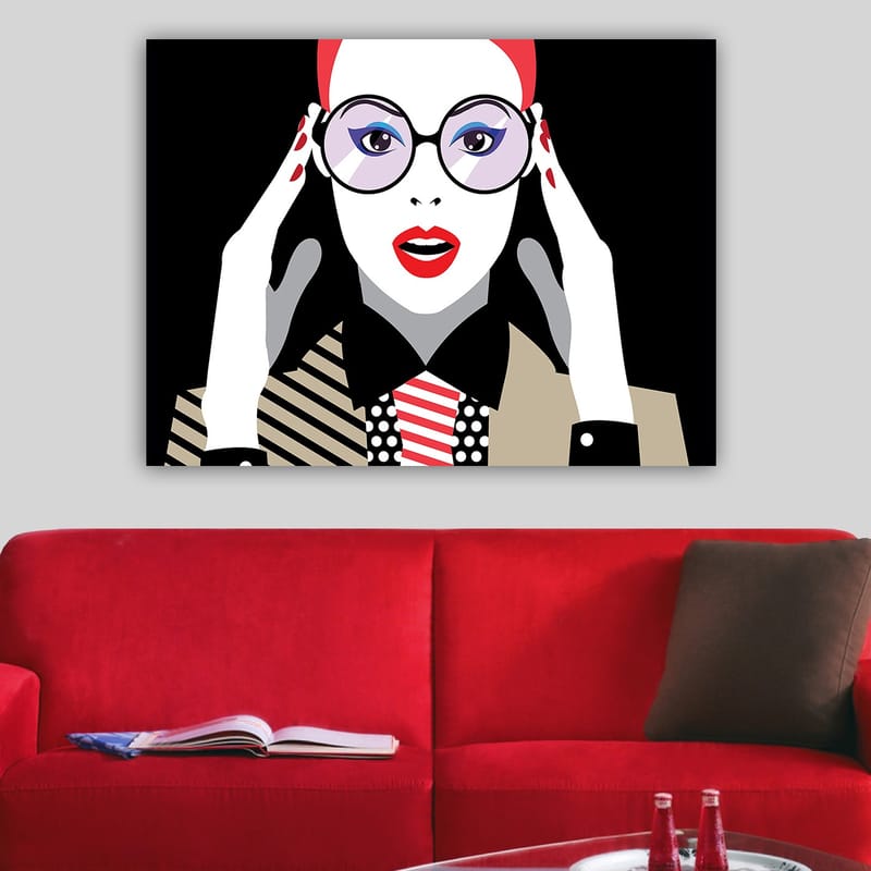 Canvastavla 70x100 cm - Stiliserad kvinna med stora glasögon som uttrycker förvåning eller chock - Röd / Svart / Vit - Inredning & dekor - Tavlor & konst - Canvastavla