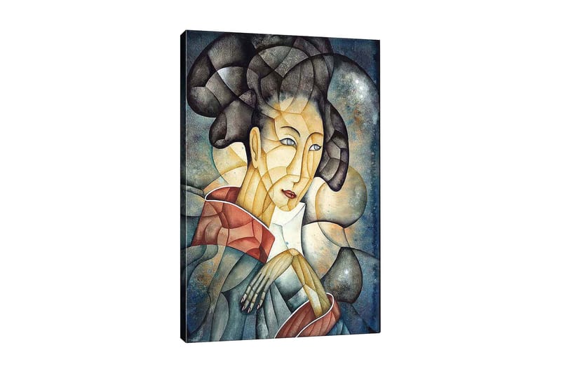 Canvastavla 70x100 cm - Stiliserad kvinna med traditionella kläder och en eftertänksam pose - Mörkblå / Beige / Röd - Inredning & dekor - Tavlor & konst - Canvastavla