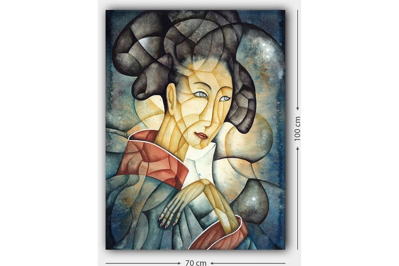 Canvastavla 70x100 cm - Stiliserad kvinna med traditionella kläder och en eftertänksam pose - Mörkblå / Beige / Röd - Inredning & dekor - Tavlor & konst - Canvastavla