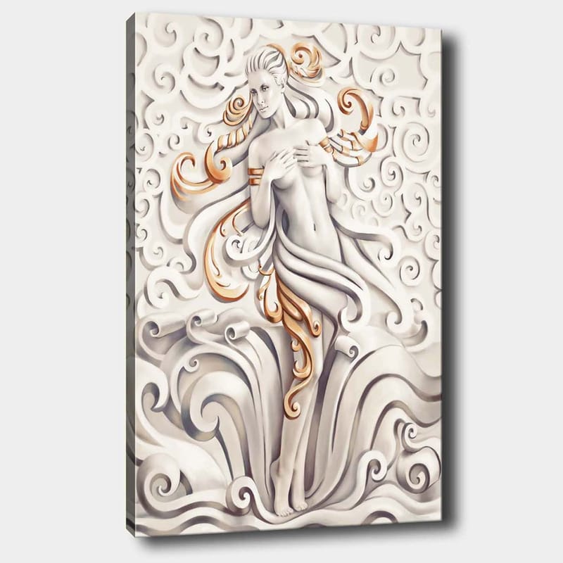 Canvastavla 70x100 cm - Stiliserad kvinna omgiven av svängande mönster och ornamentik - Vit / Beige / Guld - Inredning & dekor - Tavlor & konst - Canvastavla