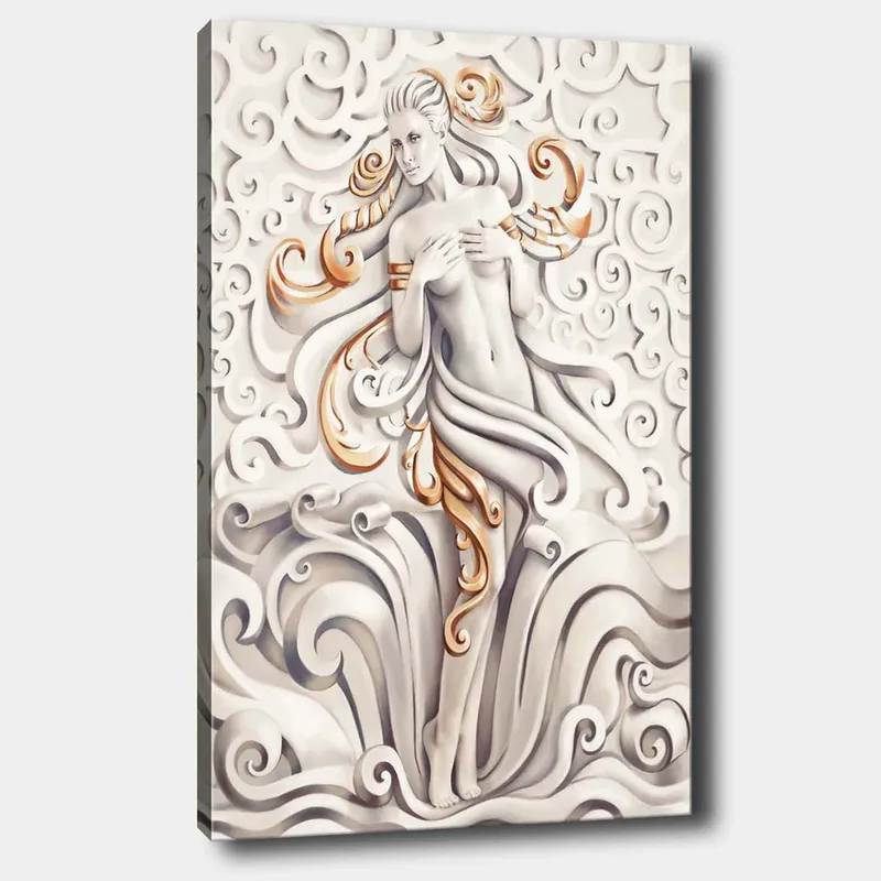 Canvastavla 70x100 cm - Stiliserad kvinna omgiven av svängande mönster och ornamentik - Vit / Beige / Guld - Inredning & dekor - Tavlor & konst - Canvastavla