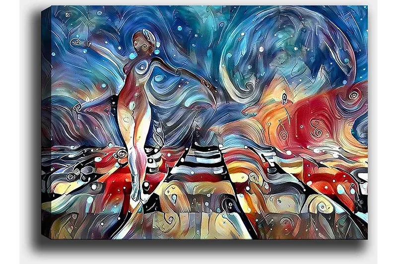 Canvastavla 70x100 cm - Stiliserad kvinna som dansar på en färgglad väg med svängande former och mönster - Blå / Röd / Vit - Inredning & dekor - Tavlor & konst - Canvastavla