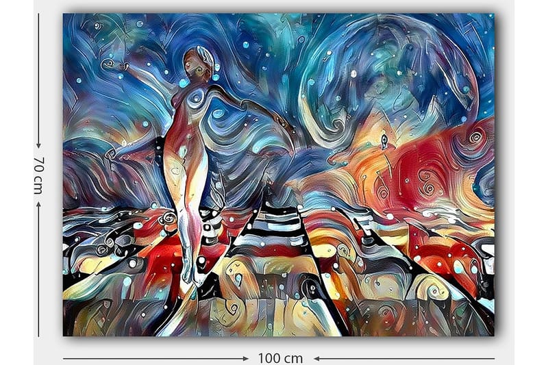 Canvastavla 70x100 cm - Stiliserad kvinna som dansar på en färgglad väg med svängande former och mönster - Blå / Röd / Vit - Inredning & dekor - Tavlor & konst - Canvastavla