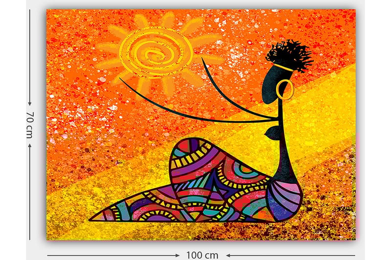 Canvastavla 70x100 cm - Stiliserad kvinna som håller en sol i handen, omgiven av färgglada mönster - Orange / Svart / Lila - Inredning & dekor - Tavlor & konst - Canvastavla