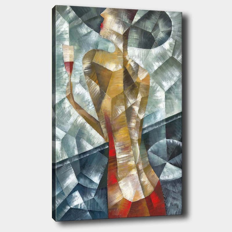Canvastavla 70x100 cm - Stiliserad kvinna som håller ett glas, omgiven av geometriska former och färger - Röd / Beige / Grå - Inredning & dekor - Tavlor & konst - Canvastavla
