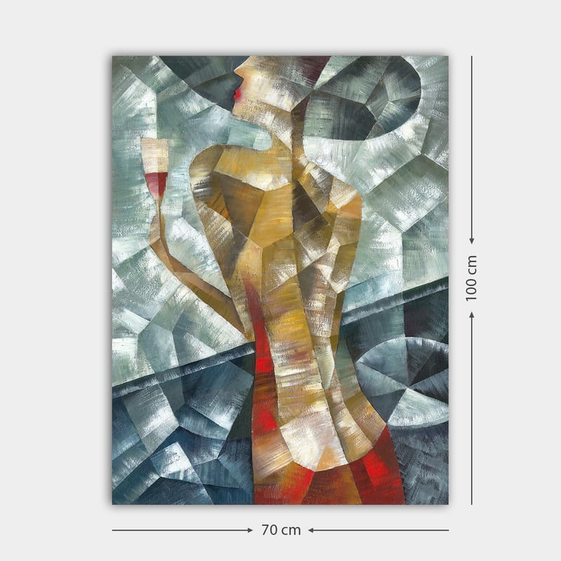 Canvastavla 70x100 cm - Stiliserad kvinna som håller ett glas, omgiven av geometriska former och färger - Röd / Beige / Grå - Inredning & dekor - Tavlor & konst - Canvastavla