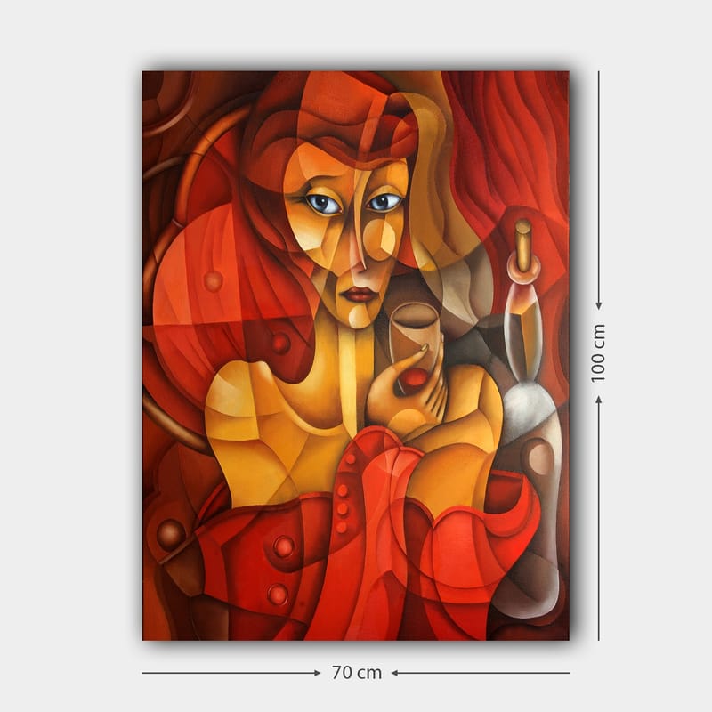 Canvastavla 70x100 cm - Stiliserad kvinna som håller ett glas, omgiven av varma röda och orangea toner - Röd / Orange / Beige - Inredning & dekor - Tavlor & konst - Canvastavla