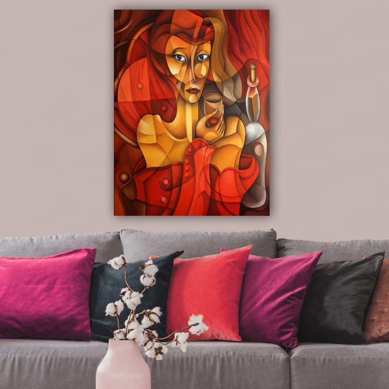Canvastavla 70x100 cm - Stiliserad kvinna som håller ett glas, omgiven av varma röda och orangea toner - Röd / Orange / Beige - Inredning & dekor - Tavlor & konst - Canvastavla