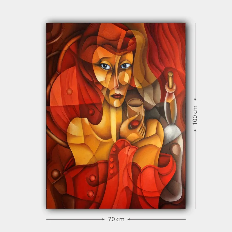 Canvastavla 70x100 cm - Stiliserad kvinna som håller ett glas, omgiven av varma röda och orangea toner - Röd / Orange / Beige - Inredning & dekor - Tavlor & konst - Canvastavla