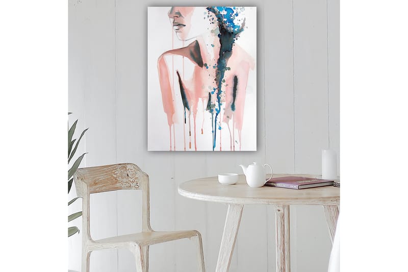 Canvastavla 70x100 cm - Stiliserad kvinnlig silhuett med färgade droppar som rinner nedåt, Rosa / Blå / Svart