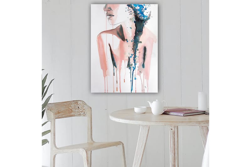 Canvastavla 70x100 cm - Stiliserad kvinnlig silhuett med färgade droppar som rinner nedåt, Rosa / Blå / Svart