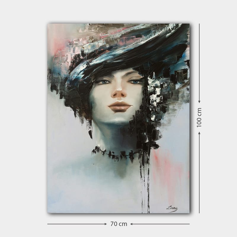 Canvastavla 70x100 cm - Stiliserad kvinnoansikte med en dramatisk frisyr i svart och grått - Svart / Grå / Beige - Inredning & dekor - Tavlor & konst - Canvastavla