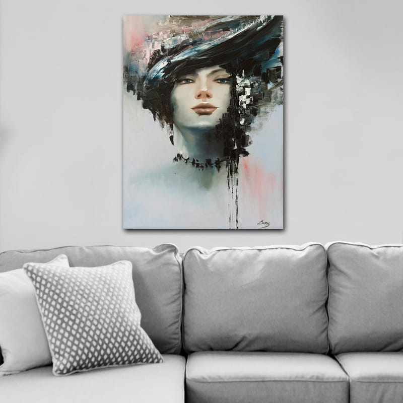 Canvastavla 70x100 cm - Stiliserad kvinnoansikte med en dramatisk frisyr i svart och grått - Svart / Grå / Beige - Inredning & dekor - Tavlor & konst - Canvastavla