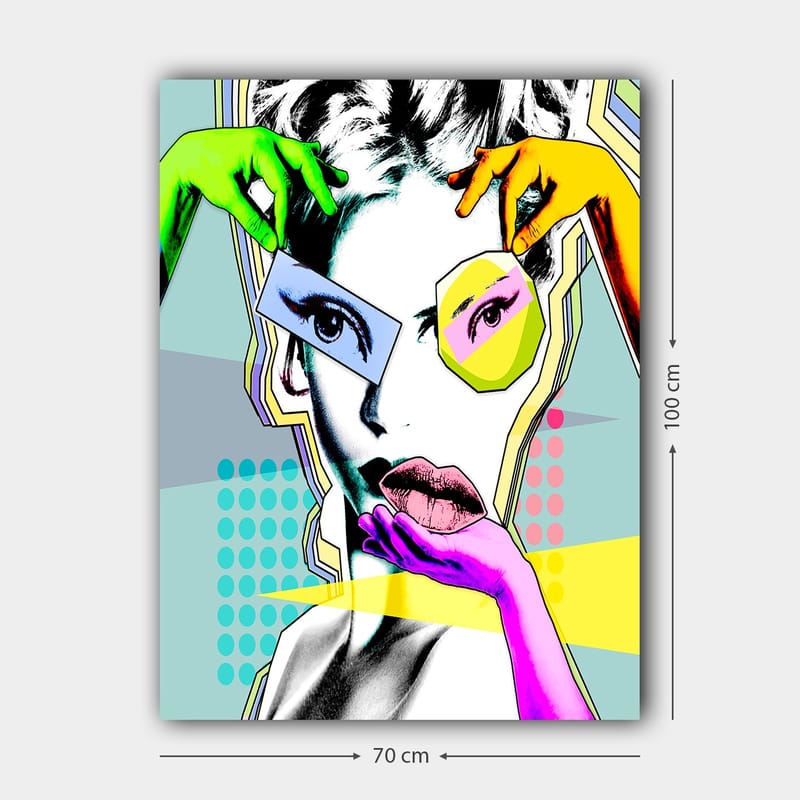 Canvastavla 70x100 cm - Stiliserad kvinnoansikte med färgglada händer som interagerar med ansiktet - Grön / Rosa / Gul - Inredning & dekor - Tavlor & konst - Canvastavla