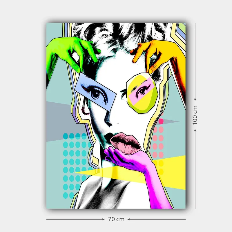 Canvastavla 70x100 cm - Stiliserad kvinnoansikte med färgglada händer som interagerar med ansiktet - Grön / Rosa / Gul - Inredning & dekor - Tavlor & konst - Canvastavla