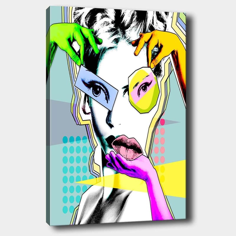 Canvastavla 70x100 cm - Stiliserad kvinnoansikte med färgglada händer som interagerar med ansiktet, Grön / Rosa / Gul