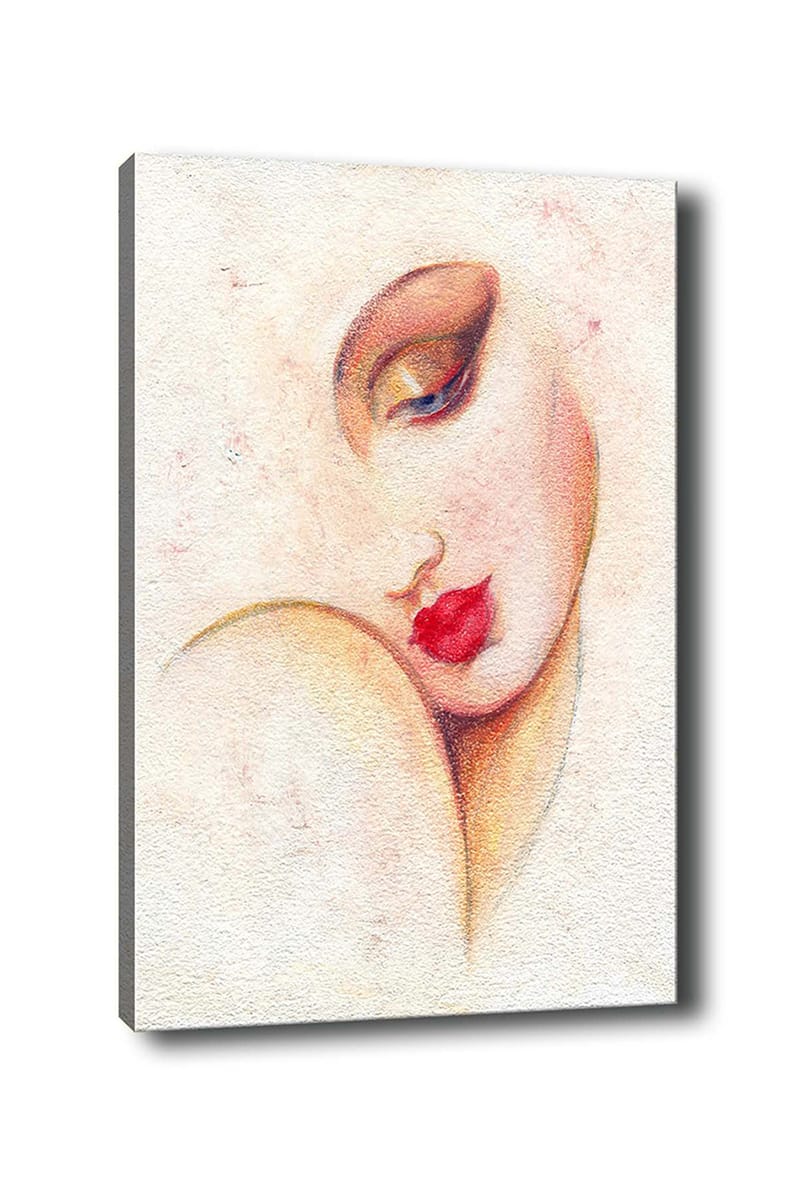Canvastavla 70x100 cm - Stiliserad kvinnoansikte med framträdande läppar och ögon, Röd / Beige / Brun