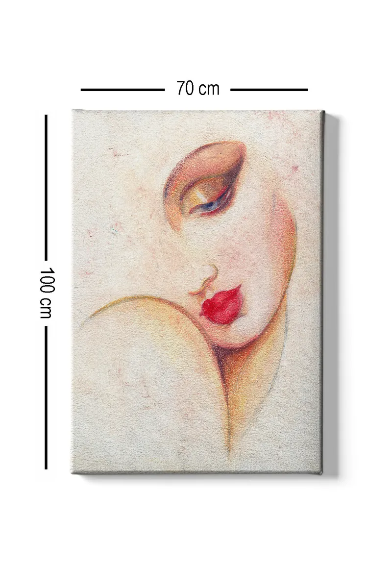 Canvastavla 70x100 cm - Stiliserad kvinnoansikte med framträdande läppar och ögon - Röd / Beige / Brun - Inredning & dekor - Tavlor & konst - Canvastavla