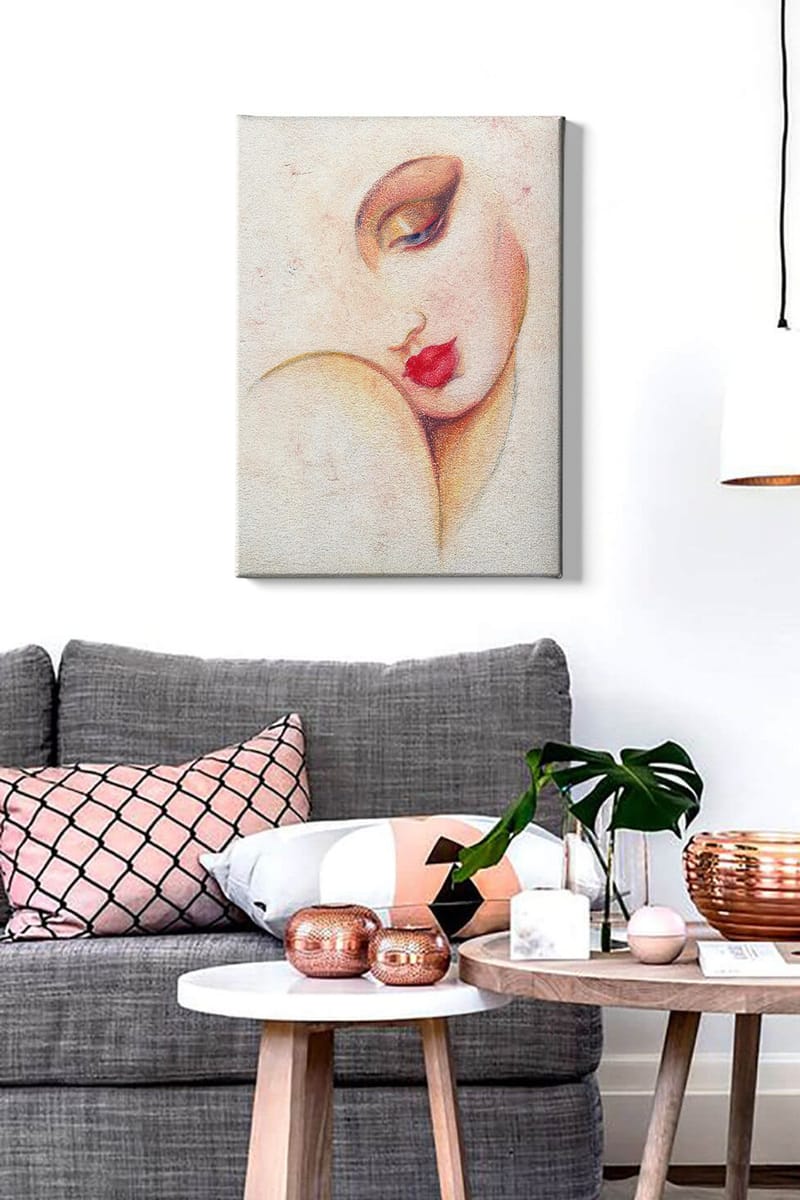 Canvastavla 70x100 cm - Stiliserad kvinnoansikte med framträdande läppar och ögon - Röd / Beige / Brun - Inredning & dekor - Tavlor & konst - Canvastavla