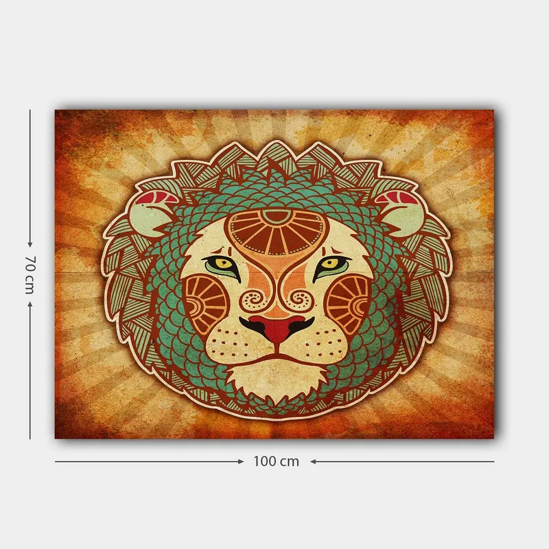 Canvastavla 70x100 cm - Stiliserad lejonhuvud med ornamentala detaljer - Orange / Grön / Beige - Inredning & dekor - Tavlor & konst - Canvastavla