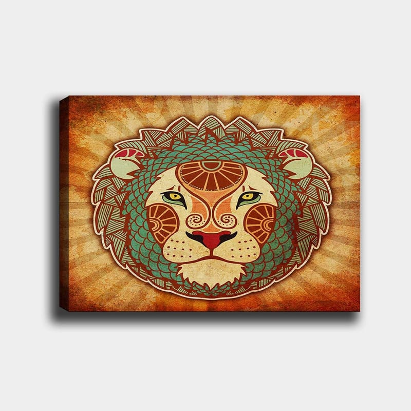 Canvastavla 70x100 cm - Stiliserad lejonhuvud med ornamentala detaljer - Orange / Grön / Beige - Inredning & dekor - Tavlor & konst - Canvastavla