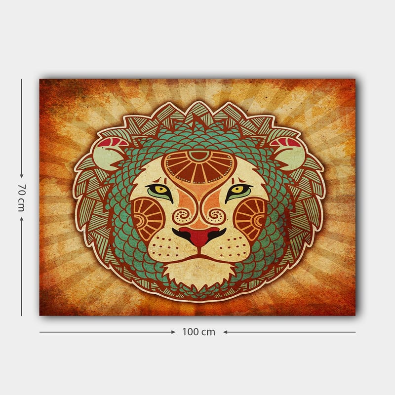 Canvastavla 70x100 cm - Stiliserad lejonhuvud med ornamentala detaljer - Orange / Grön / Beige - Inredning & dekor - Tavlor & konst - Canvastavla