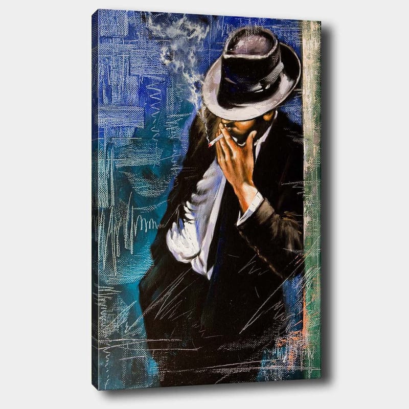 Canvastavla 70x100 cm - Stiliserad man i kostym som röker en cigarett, med en känsla av mystik och elegans, Mörkblå / Svart / Vit