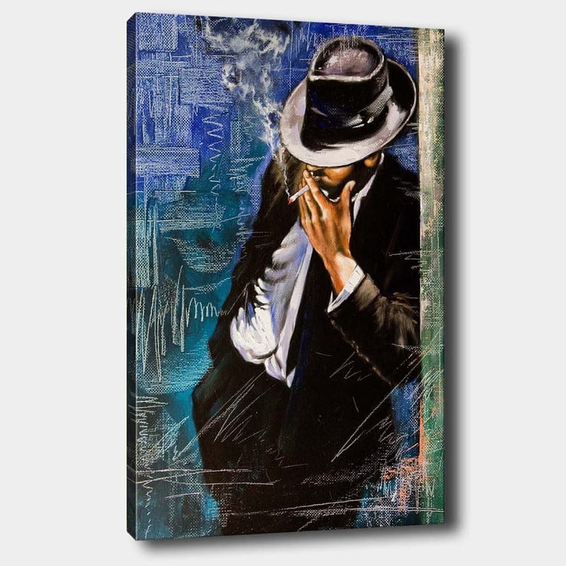 Canvastavla 70x100 cm - Stiliserad man i kostym som röker en cigarett, med en känsla av mystik och elegans, Mörkblå / Svart / Vit