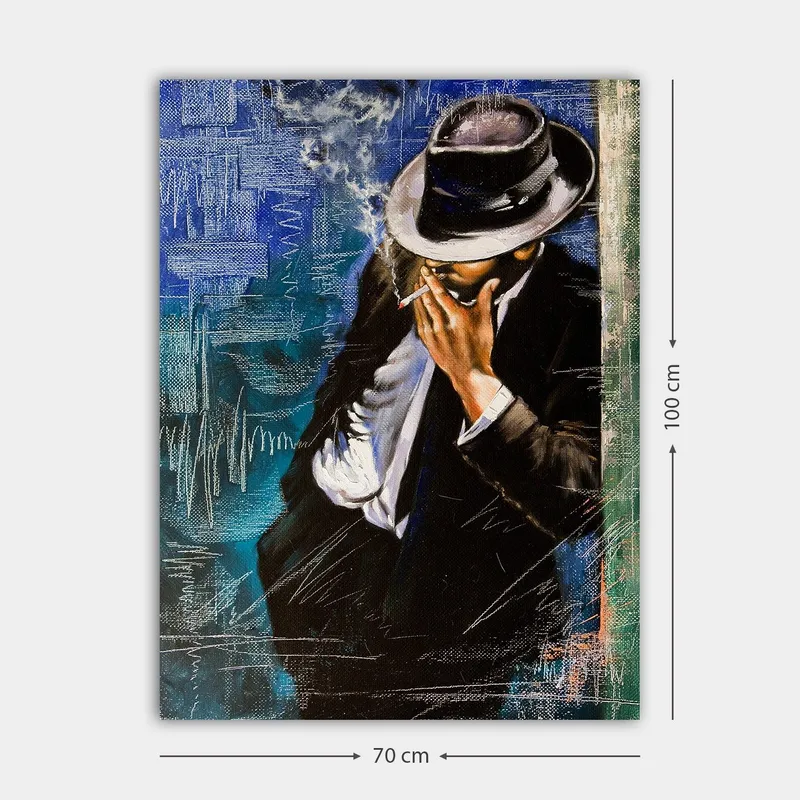 Canvastavla 70x100 cm - Stiliserad man i kostym som röker en cigarett, med en känsla av mystik och elegans - Mörkblå / Svart / Vit - Inredning & dekor - Tavlor & konst - Canvastavla